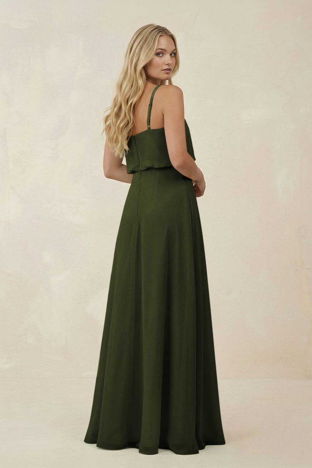 V - Neck Blouson A - Line Chiffon Bridesmaid Dress in Olive - KissProm Bridesmaid Dresses