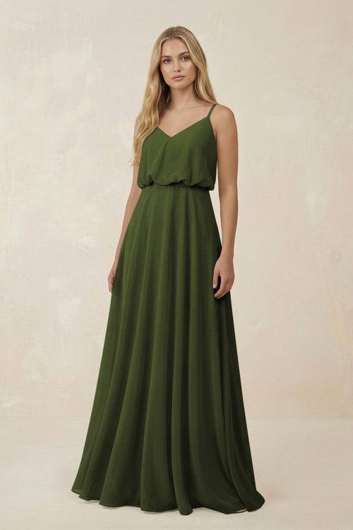 KissProm V-Neck Blouson A-Line Chiffon Bridesmaid Dress in Olive, Olive / 6