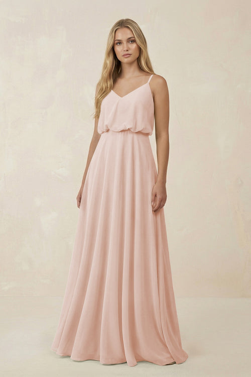 KissProm V-Neck Blouson A-Line Chiffon Bridesmaid Dress in Pale Blush, Pale Blush / 30