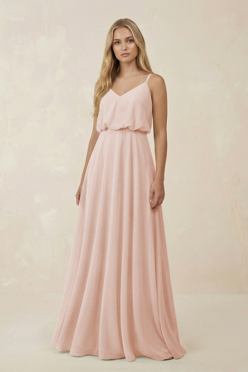 V - Neck Blouson A - Line Chiffon Bridesmaid Dress in Pale Blush - KissProm Bridesmaid Dresses
