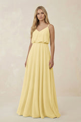 V - Neck Blouson A - Line Chiffon Bridesmaid Dress in Pastel Yellow - KissProm Bridesmaid Dresses