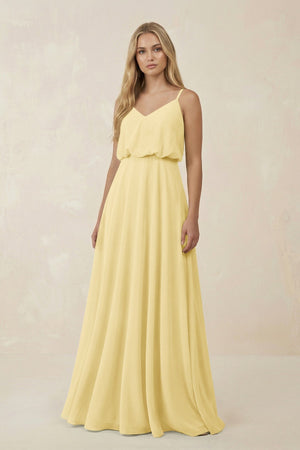 V - Neck Blouson A - Line Chiffon Bridesmaid Dress in Pastel Yellow - KissProm Bridesmaid Dresses
