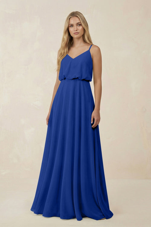 KissProm V-Neck Blouson A-Line Chiffon Bridesmaid Dress in Royal Blue, Royal Blue / 0