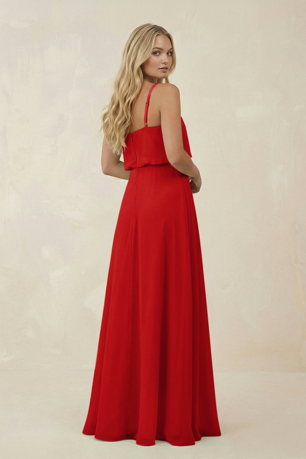 V - Neck Blouson A - Line Chiffon Bridesmaid Dress in Ruby Red - KissProm Bridesmaid Dresses