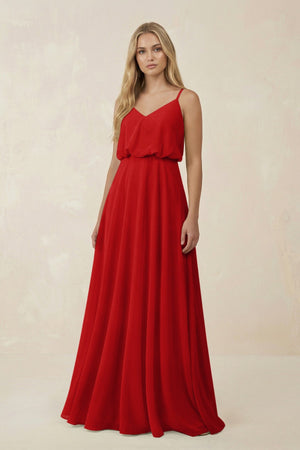 V - Neck Blouson A - Line Chiffon Bridesmaid Dress in Ruby Red - KissProm Bridesmaid Dresses