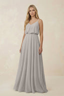 V - Neck Blouson A - Line Chiffon Bridesmaid Dress in Silver - KissProm Bridesmaid Dresses