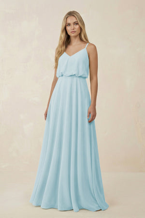 V - Neck Blouson A - Line Chiffon Bridesmaid Dress in Sky Blue - KissProm Bridesmaid Dresses