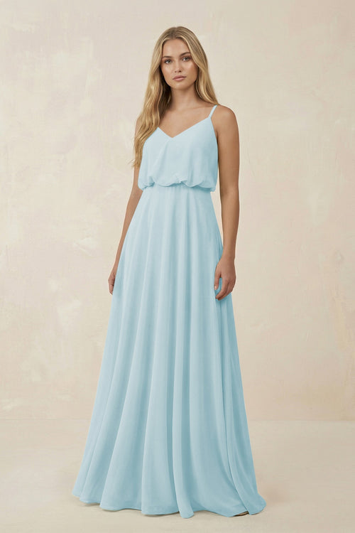 V - Neck Blouson A - Line Chiffon Bridesmaid Dress in Sky Blue - KissProm Bridesmaid Dresses