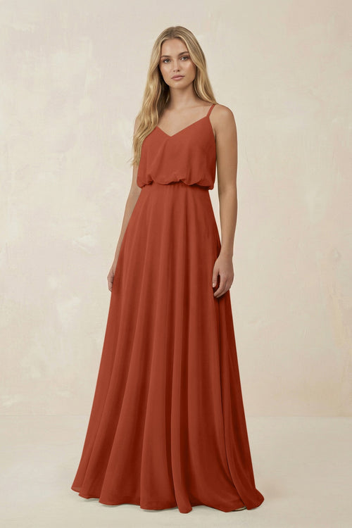V - Neck Blouson A - Line Chiffon Bridesmaid Dress in Spice - KissProm Bridesmaid Dresses
