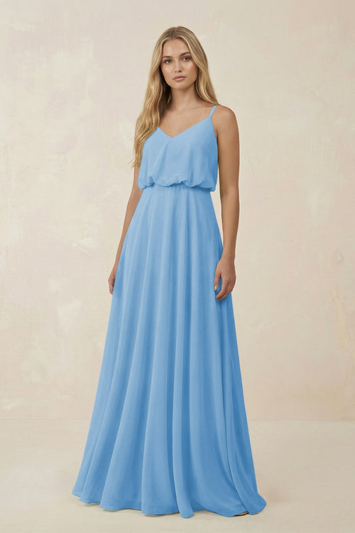 KissProm V-Neck Blouson A-Line Chiffon Bridesmaid Dress in Steel Blue, Steel Blue / 4