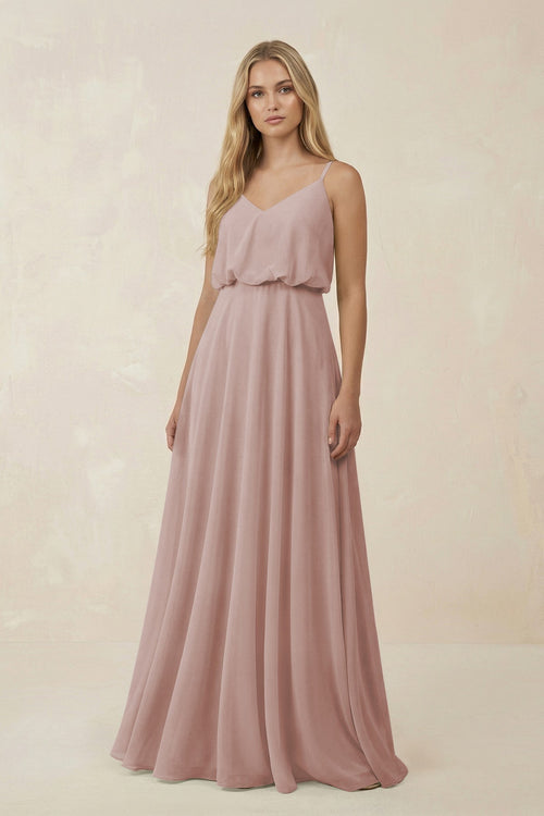 V - Neck Blouson A - Line Chiffon Bridesmaid Dress in Toffee - KissProm Bridesmaid Dresses