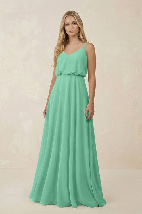 KissProm V-Neck Blouson A-Line Chiffon Bridesmaid Dress in Turquoise, Turquoise / 30