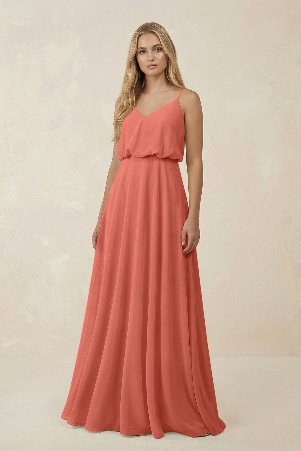 V - Neck Blouson A - Line Chiffon Bridesmaid Dress in Wild Rose - KissProm Bridesmaid Dresses