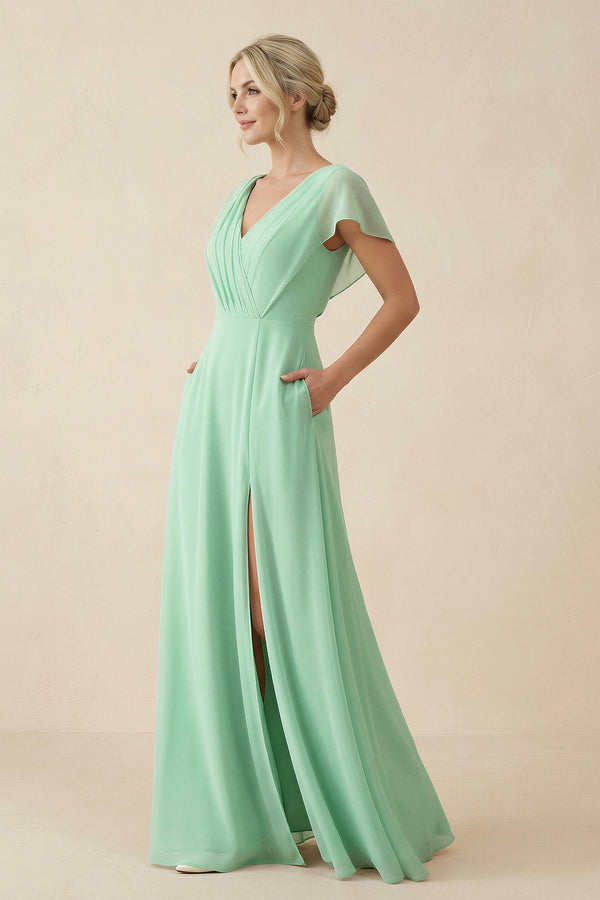 V-Neck Cap Sleeve Chiffon Bridesmaid Dress with Cut-out Back in Pale Pistachio - KissProm BRIDESMAID DRESSES