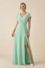V-Neck Cap Sleeve Chiffon Bridesmaid Dress with Cut-out Back in Pale Pistachio - KissProm BRIDESMAID DRESSES