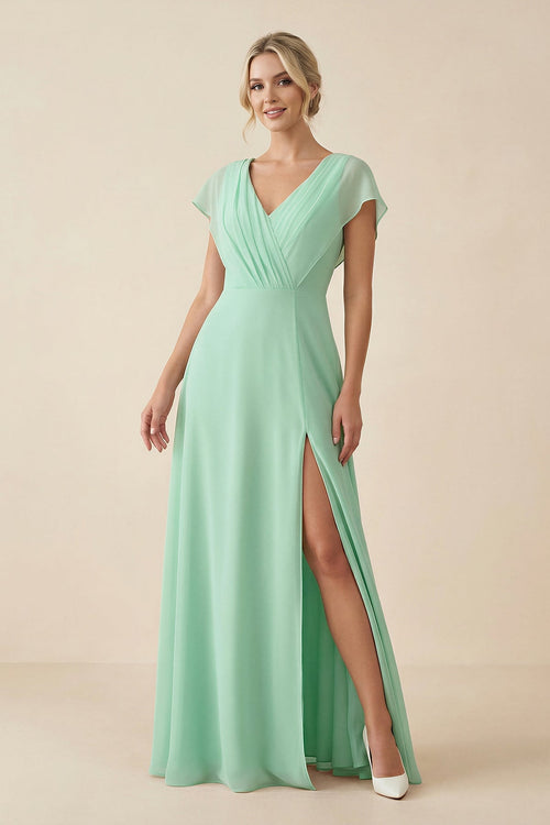V-Neck Cap Sleeve Chiffon Bridesmaid Dress with Cut-out Back in Pale Pistachio - KissProm BRIDESMAID DRESSES