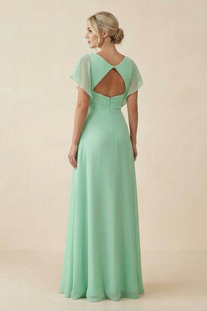 V-Neck Cap Sleeve Chiffon Bridesmaid Dress with Cut-out Back in Pale Pistachio - KissProm BRIDESMAID DRESSES