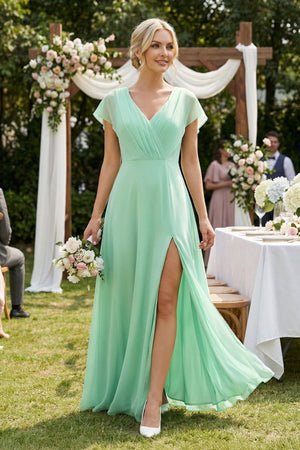 V-Neck Cap Sleeve Chiffon Bridesmaid Dress with Cut-out Back in Pale Pistachio - KissProm BRIDESMAID DRESSES