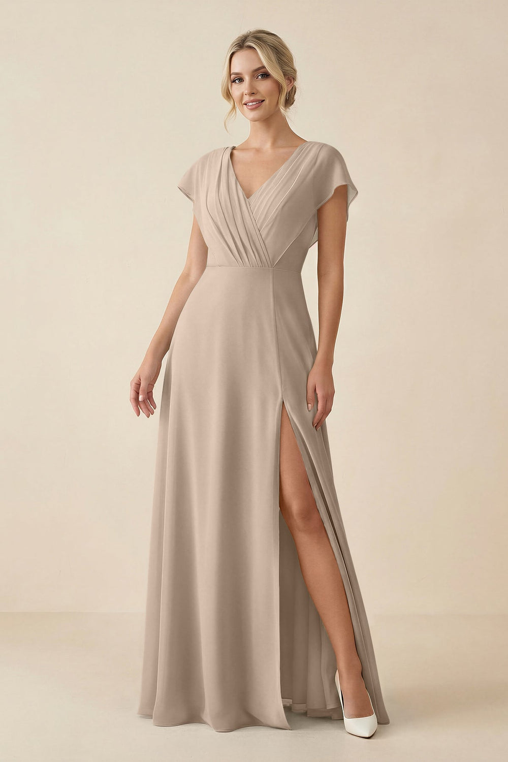 V - Neck Cap Sleeve Chiffon Bridesmaid Dress with Cut - out Back in Almond - KissProm Bridesmaid Dresses