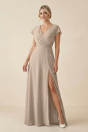 V - Neck Cap Sleeve Chiffon Bridesmaid Dress with Cut - out Back in Almond - KissProm Bridesmaid Dresses