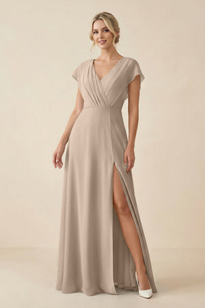 V - Neck Cap Sleeve Chiffon Bridesmaid Dress with Cut - out Back in Almond - KissProm Bridesmaid Dresses