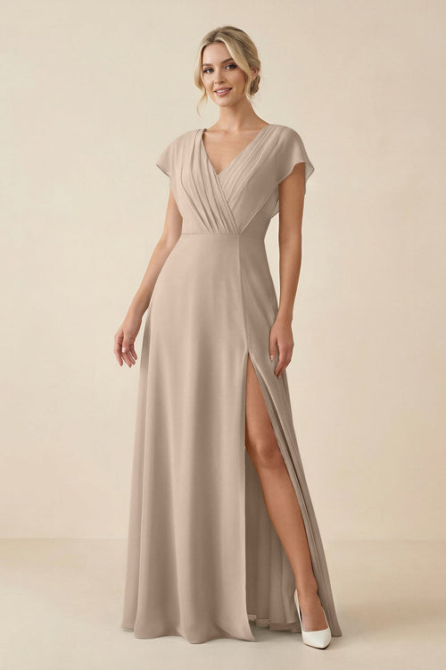 V - Neck Cap Sleeve Chiffon Bridesmaid Dress with Cut - out Back in Almond - KissProm Bridesmaid Dresses