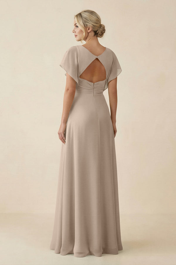 V - Neck Cap Sleeve Chiffon Bridesmaid Dress with Cut - out Back in Almond - KissProm Bridesmaid Dresses