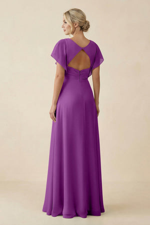 V - Neck Cap Sleeve Chiffon Bridesmaid Dress with Cut - out Back in Amethyst - KissProm Bridesmaid Dresses