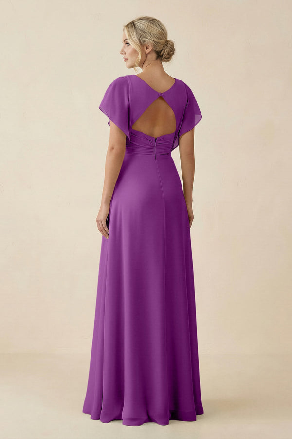 V - Neck Cap Sleeve Chiffon Bridesmaid Dress with Cut - out Back in Amethyst - KissProm Bridesmaid Dresses