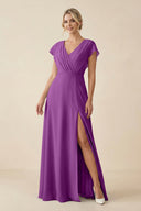 V - Neck Cap Sleeve Chiffon Bridesmaid Dress with Cut - out Back in Amethyst - KissProm Bridesmaid Dresses