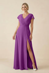 V - Neck Cap Sleeve Chiffon Bridesmaid Dress with Cut - out Back in Amethyst - KissProm Bridesmaid Dresses