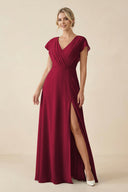 V - Neck Cap Sleeve Chiffon Bridesmaid Dress with Cut - out Back in Berry - KissProm Bridesmaid Dresses
