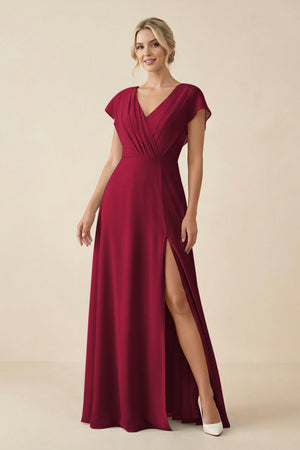 V - Neck Cap Sleeve Chiffon Bridesmaid Dress with Cut - out Back in Berry - KissProm Bridesmaid Dresses