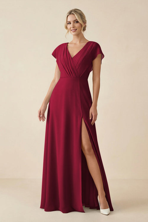 V - Neck Cap Sleeve Chiffon Bridesmaid Dress with Cut - out Back in Berry - KissProm Bridesmaid Dresses