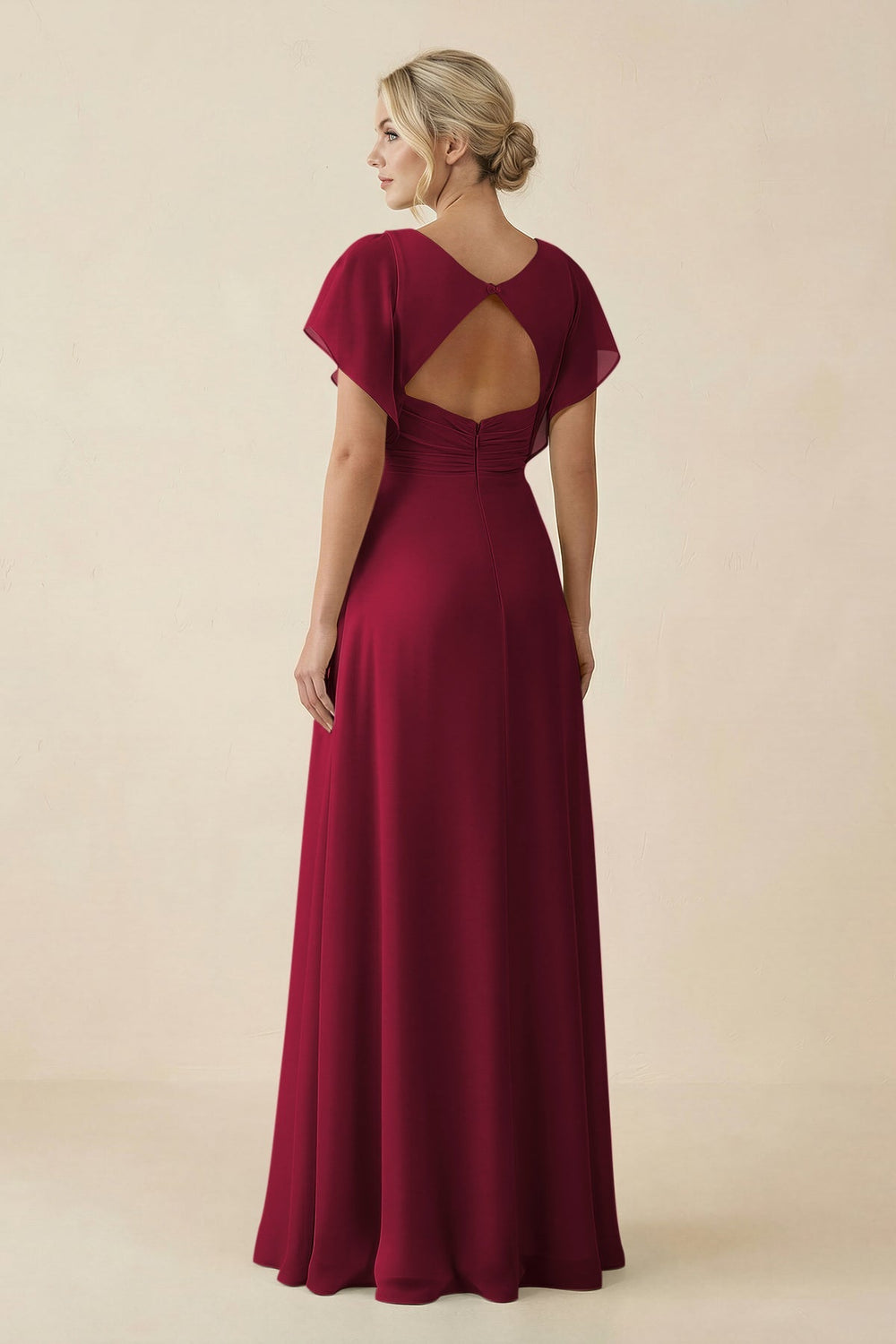 V - Neck Cap Sleeve Chiffon Bridesmaid Dress with Cut - out Back in Berry - KissProm Bridesmaid Dresses