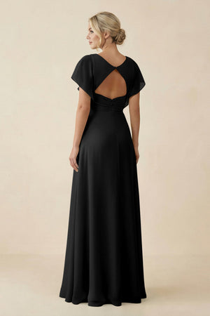 V - Neck Cap Sleeve Chiffon Bridesmaid Dress with Cut - out Back in Black - KissProm Bridesmaid Dresses