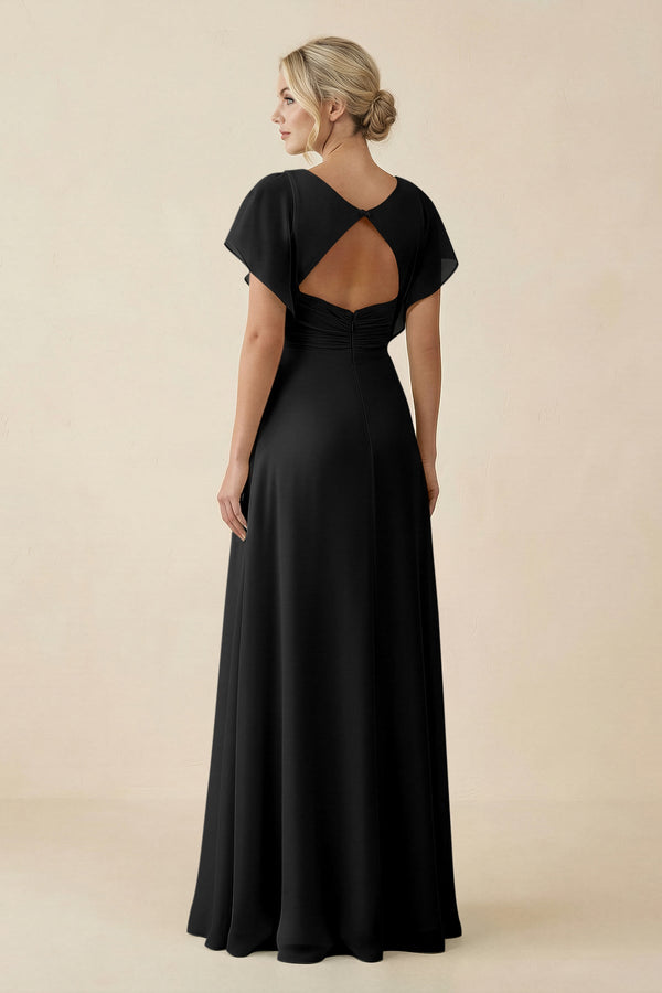 V - Neck Cap Sleeve Chiffon Bridesmaid Dress with Cut - out Back in Black - KissProm Bridesmaid Dresses