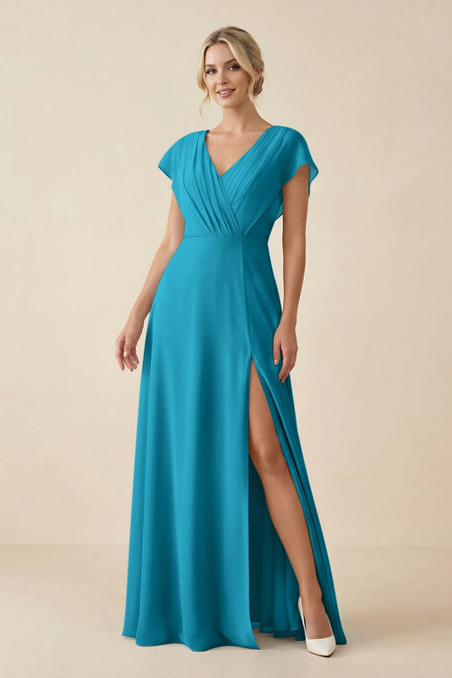 V - Neck Cap Sleeve Chiffon Bridesmaid Dress with Cut - out Back in Blue Jay - KissProm Bridesmaid Dresses