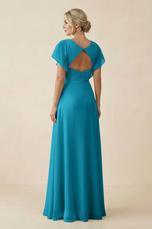 V - Neck Cap Sleeve Chiffon Bridesmaid Dress with Cut - out Back in Blue Jay - KissProm Bridesmaid Dresses
