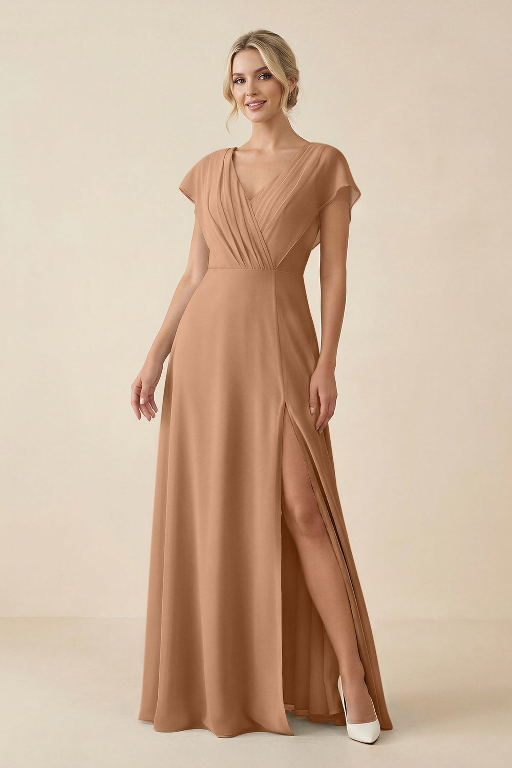 V - Neck Cap Sleeve Chiffon Bridesmaid Dress with Cut - out Back in Bronzer - KissProm Bridesmaid Dresses