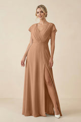 V - Neck Cap Sleeve Chiffon Bridesmaid Dress with Cut - out Back in Bronzer - KissProm Bridesmaid Dresses