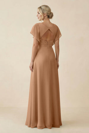 V - Neck Cap Sleeve Chiffon Bridesmaid Dress with Cut - out Back in Bronzer - KissProm Bridesmaid Dresses