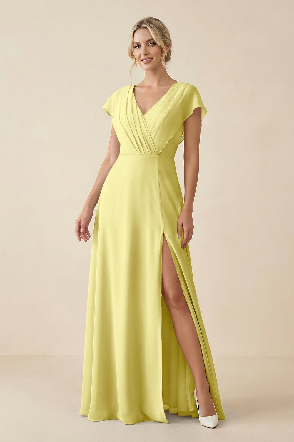 V - Neck Cap Sleeve Chiffon Bridesmaid Dress with Cut - out Back in Buttercup - KissProm Bridesmaid Dresses