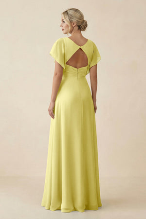 V - Neck Cap Sleeve Chiffon Bridesmaid Dress with Cut - out Back in Buttercup - KissProm Bridesmaid Dresses