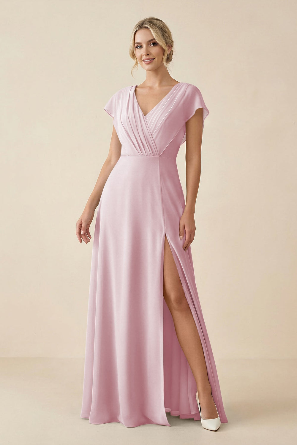 V - Neck Cap Sleeve Chiffon Bridesmaid Dress with Cut - out Back in Candy Pink - KissProm Bridesmaid Dresses