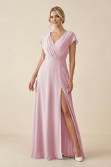 V - Neck Cap Sleeve Chiffon Bridesmaid Dress with Cut - out Back in Candy Pink - KissProm Bridesmaid Dresses