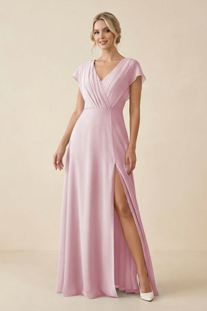 V - Neck Cap Sleeve Chiffon Bridesmaid Dress with Cut - out Back in Candy Pink - KissProm Bridesmaid Dresses