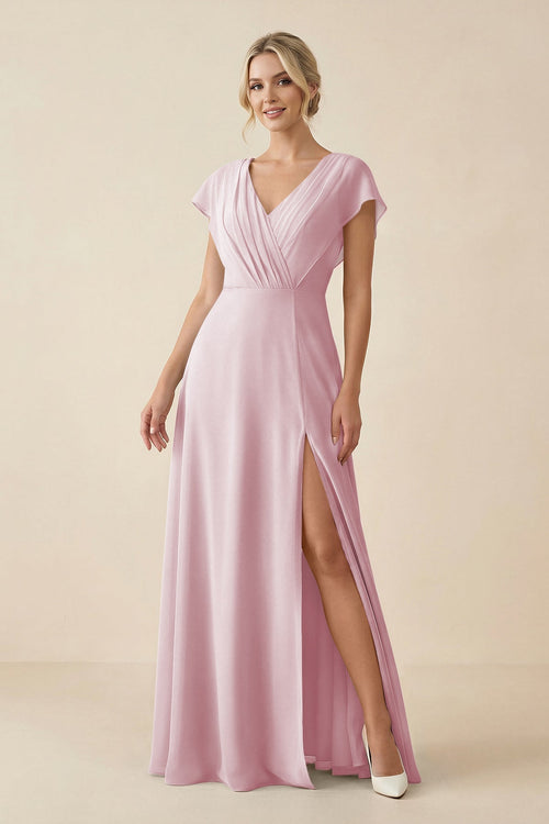 V - Neck Cap Sleeve Chiffon Bridesmaid Dress with Cut - out Back in Candy Pink - KissProm Bridesmaid Dresses