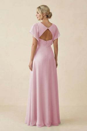 V - Neck Cap Sleeve Chiffon Bridesmaid Dress with Cut - out Back in Candy Pink - KissProm Bridesmaid Dresses