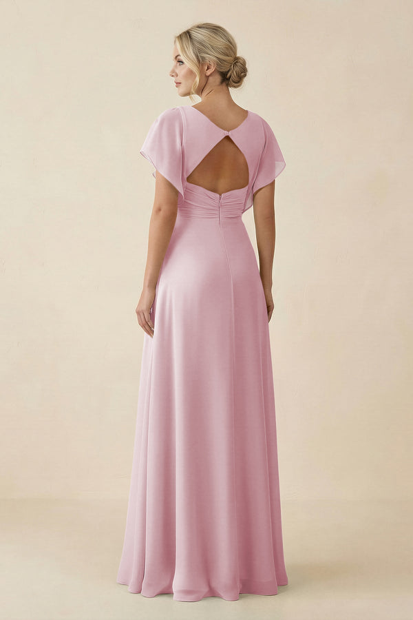 V - Neck Cap Sleeve Chiffon Bridesmaid Dress with Cut - out Back in Candy Pink - KissProm Bridesmaid Dresses